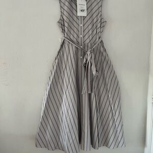 GrammarSleeveless Striped Midi Dress in Light Gray and Navy